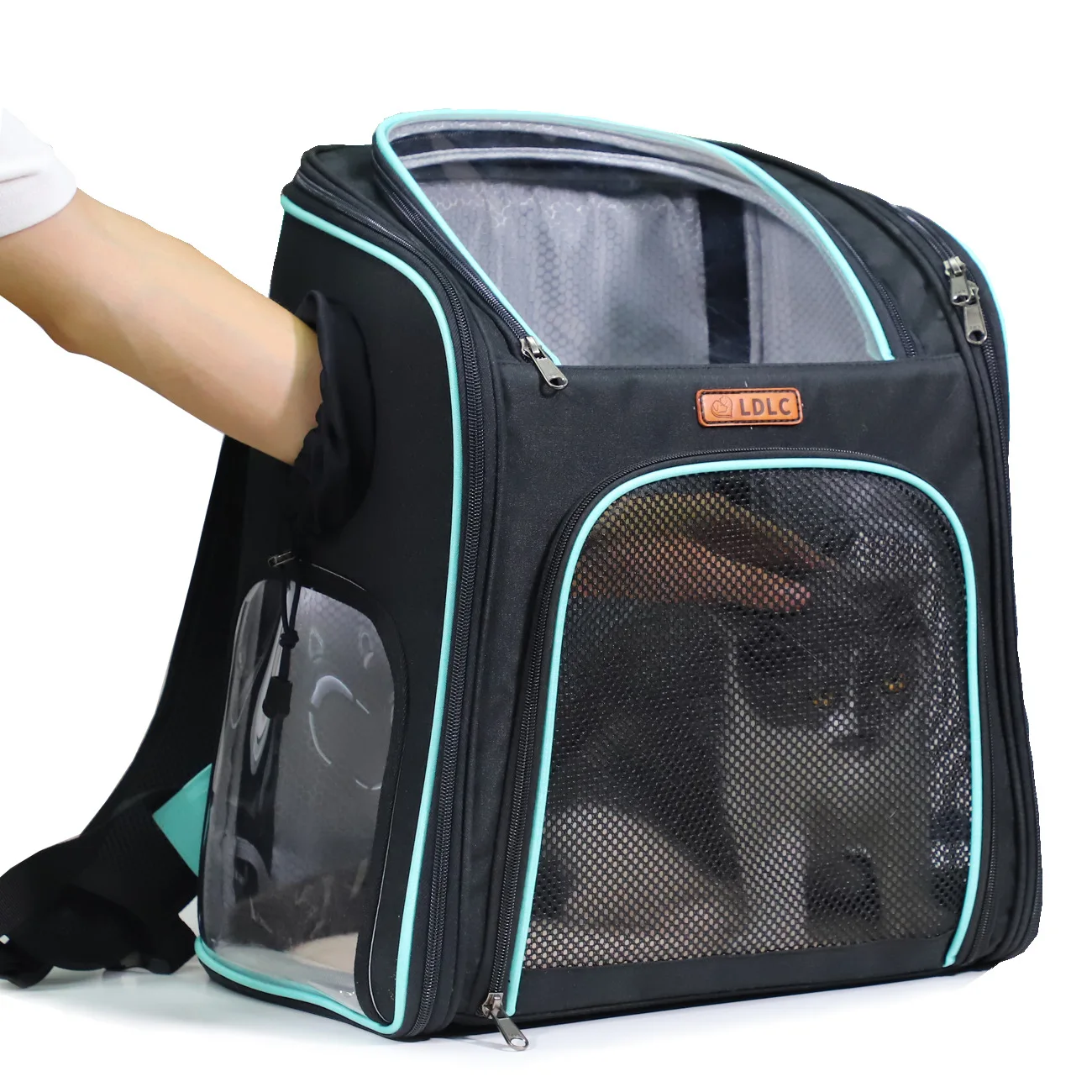

LDLC pets carrier bag portable cats backpack transparent PVC cover with playing holes and cooling fan pocket