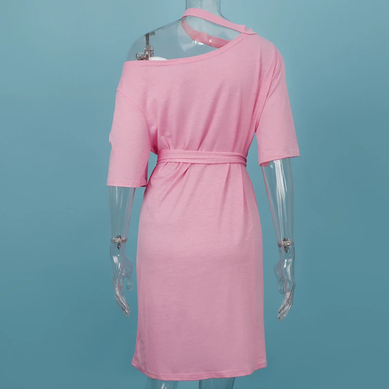 

Women Halter Off Shoulder Sashes Mini Dress Short Sleeve Ladies Short Dresses 2020 Summer Casual Female Streetwear Vestidos