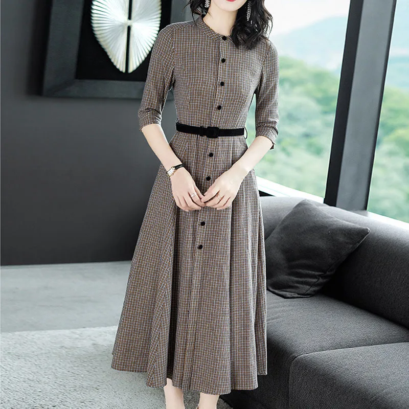 2019 осеннее платье Профессиональный воротник длинный ретро плед для похудения