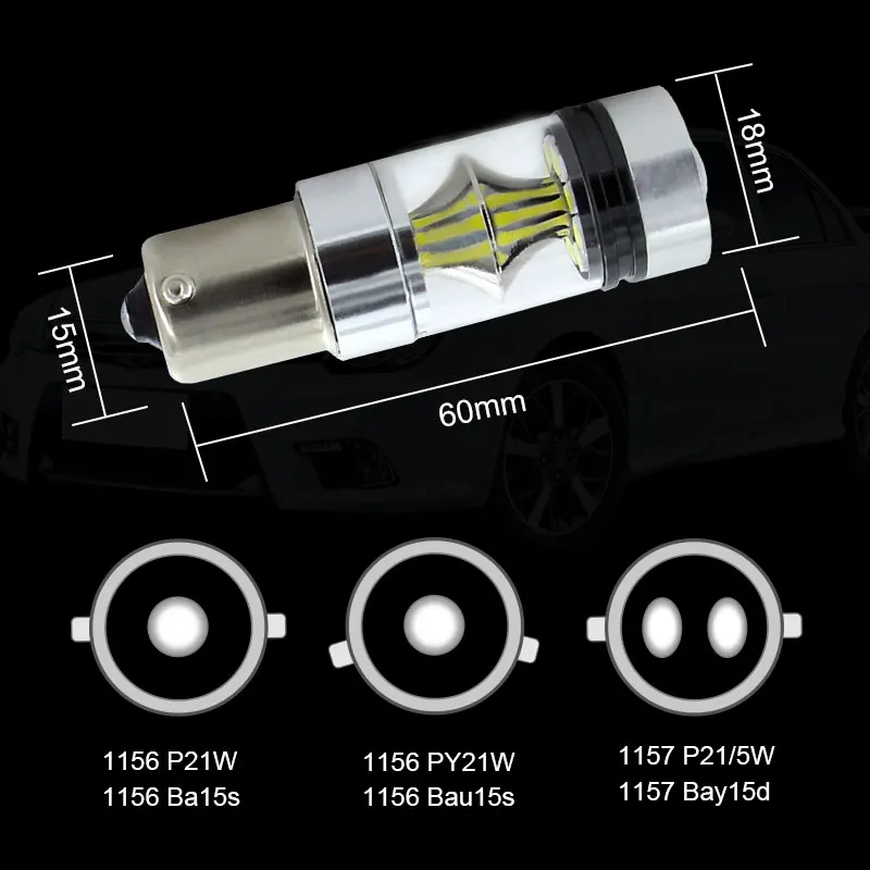 Светодиодная задсветильник лампа Apmatauto 2x1156 BA15S P21W высокой мощности 100W 3030 20SMD 6000K