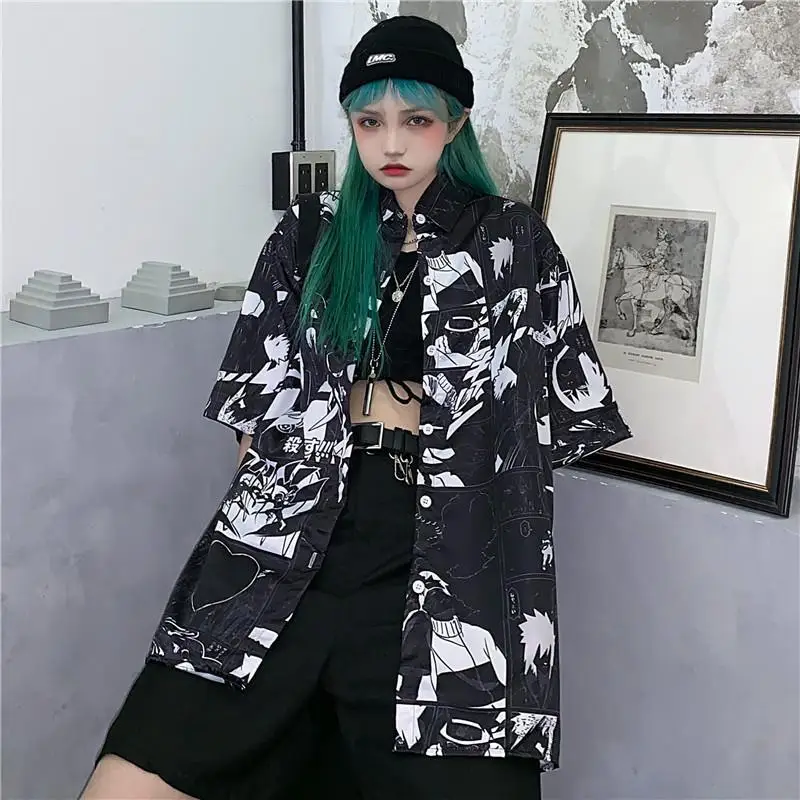 

Harajpoo Women Shirts Summer Korean Version Harajuku Style Loose Hip-hop Black Comic Print Short-sleeved Hong Kong Wind Top
