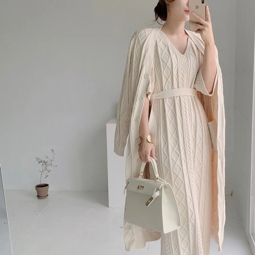 

Autumn Elegant Women's Knitted Dress Suit 2 Piece Set Ladies Solid Twist Sweater Cardigan Bandage Dress Winter Outfit Vintage