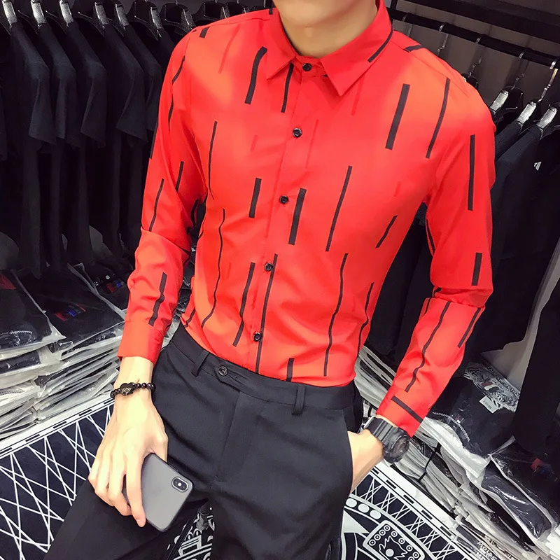 Полоса печати Для мужчин Модная рубашка с длинным рукавом Slim Fit деловая