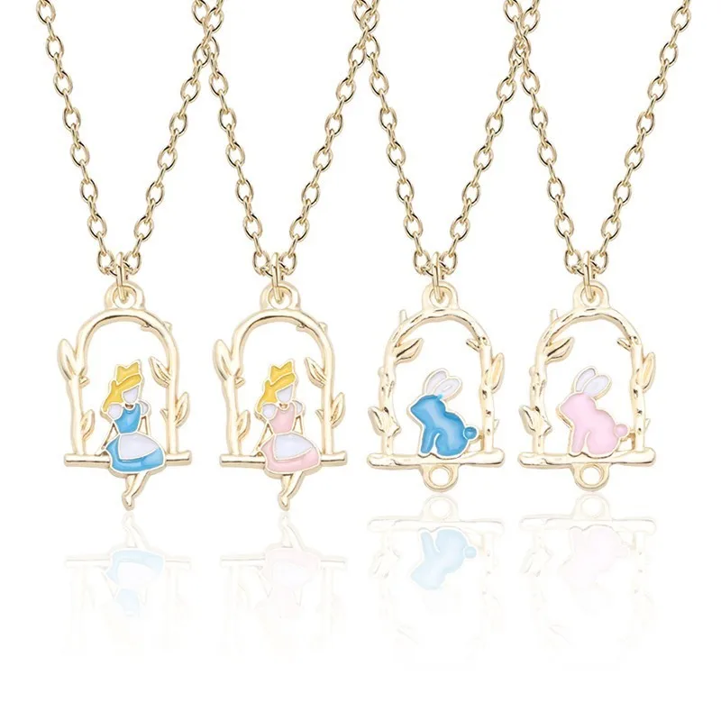 

New Cartoon Anime Swing Girl Necklace for women Pink Blue Alice Girl Animal Bunny Pendant Necklace Jewelry Gift DropShipping