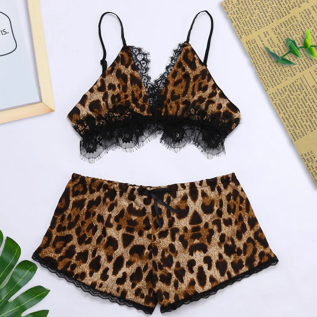 

Women's Leopard Trim Underwear Lingerie Straps Bralette and Panty Set Bow Lace Trim Leopard Underwear Sleepwear Set A20