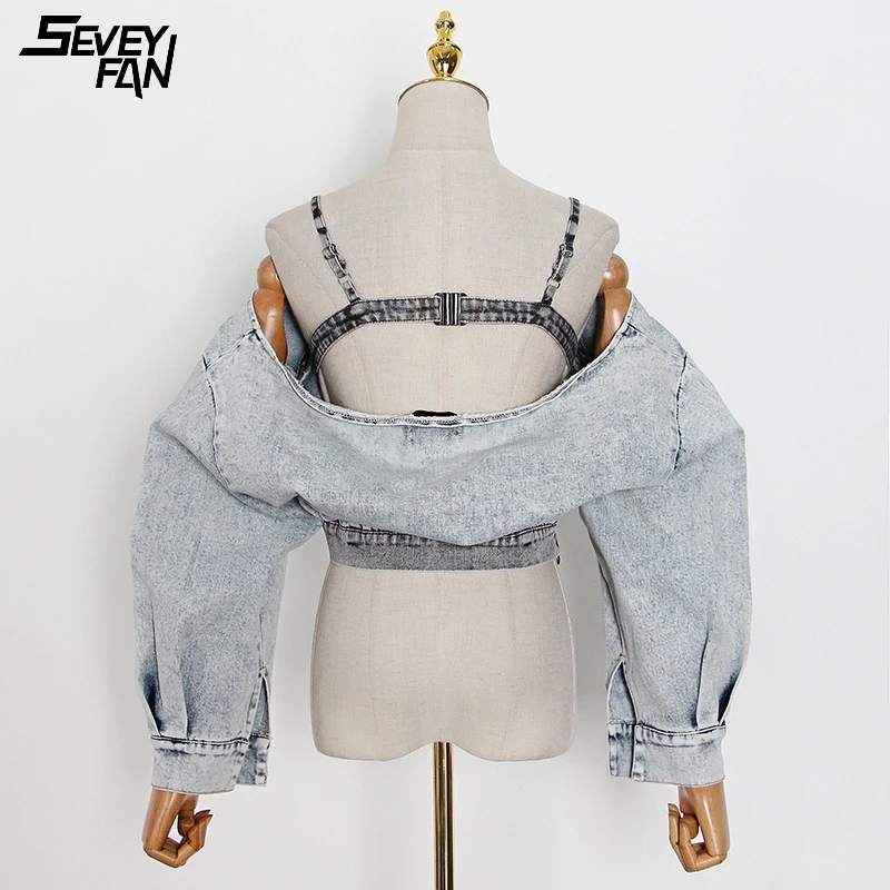 

Sling Denim Jacket Women Backless Sexy Short Jeans Jackets Hipster Streetwear Nightclub Blue Cowboy Outerwear Off Shoulder Loose