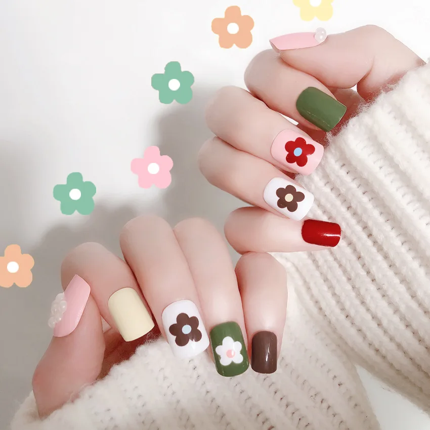 Ladies Fashion Green White Color Fake Nails Long Designs Artificial False Nail Tips Full Cover Art with Glue 24pcs/set | Красота и