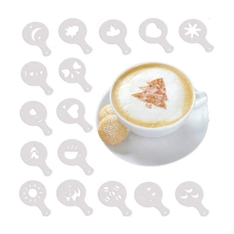 

16pcs Coffee Stencils Fancy Coffee Printing Model Foam Spray Cake Stencils Coffee Drawing Cappuccino Mold Powdered Sieve Tools