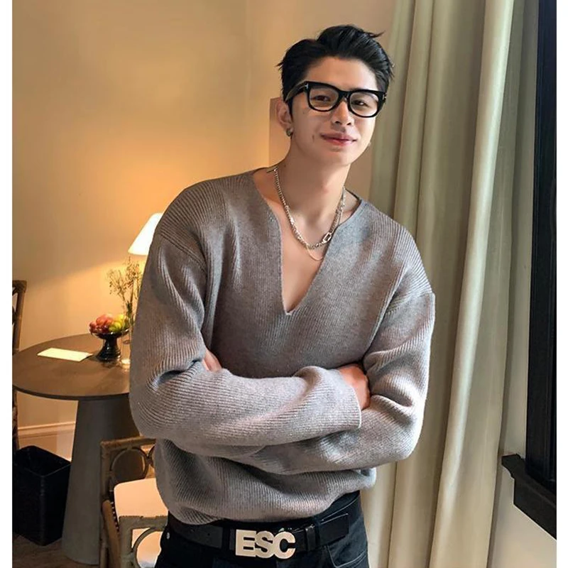

Solid Sexy V Neck Long Sleeve Men T Shirt Autumn Loose High Street Fashion Oversized Streetwear Clothing 2022 Vintage Korean Top