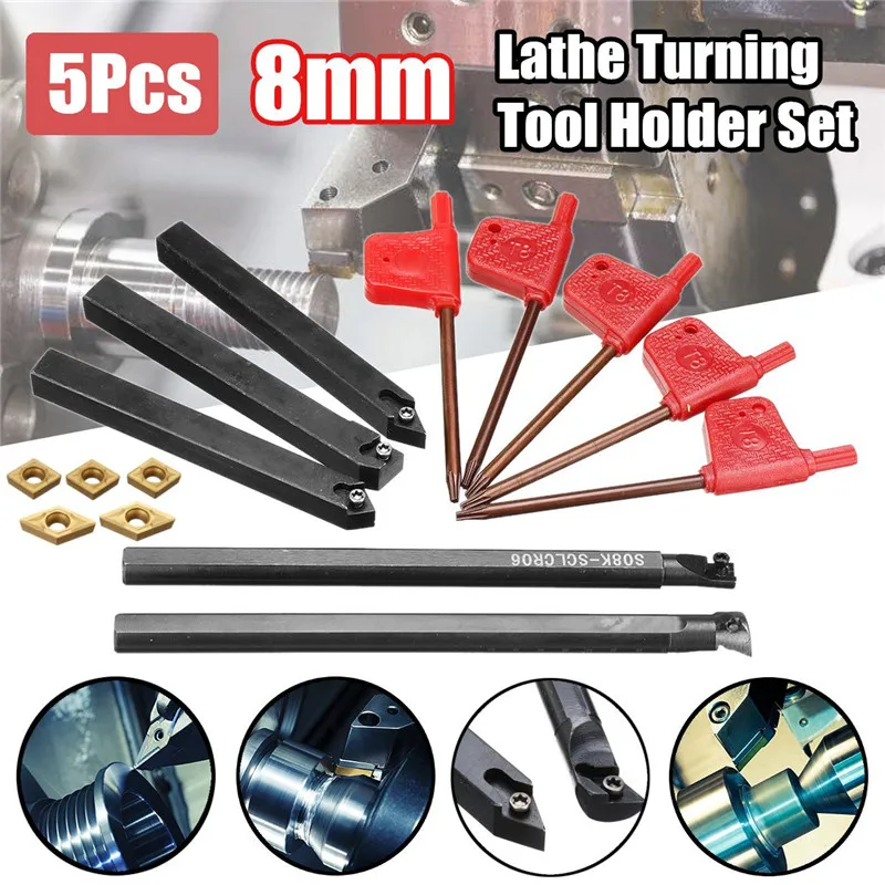 

5pcs 8mm Shank Indexable Lathe Turning Tool Holder With CCMT060204 DCMT070204 Carbide Inserts For CNC Machine