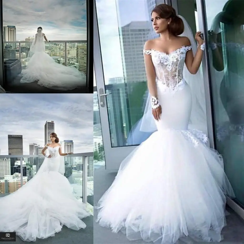 

Vintage Beach mermaid Wedding Dresses Off The Shoulder Applique Garden Illusion Bridal Gown Tulle Cathedral Train Backless