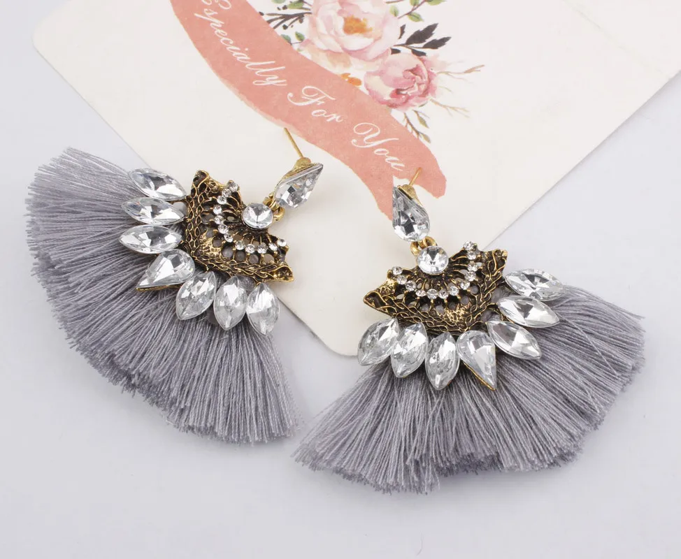 Bohemian Green Rhinestone Earrings Handmade Women Tassel Statement Luxury Long Crystal Earring Geometric Fringe Ethnic Tassle | Украшения и