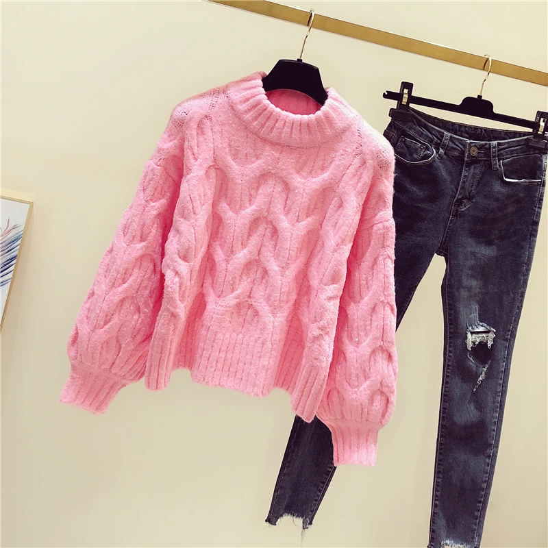 Женский вязаный свитер плотный Теплый розовый с круглым вырезом повседневный