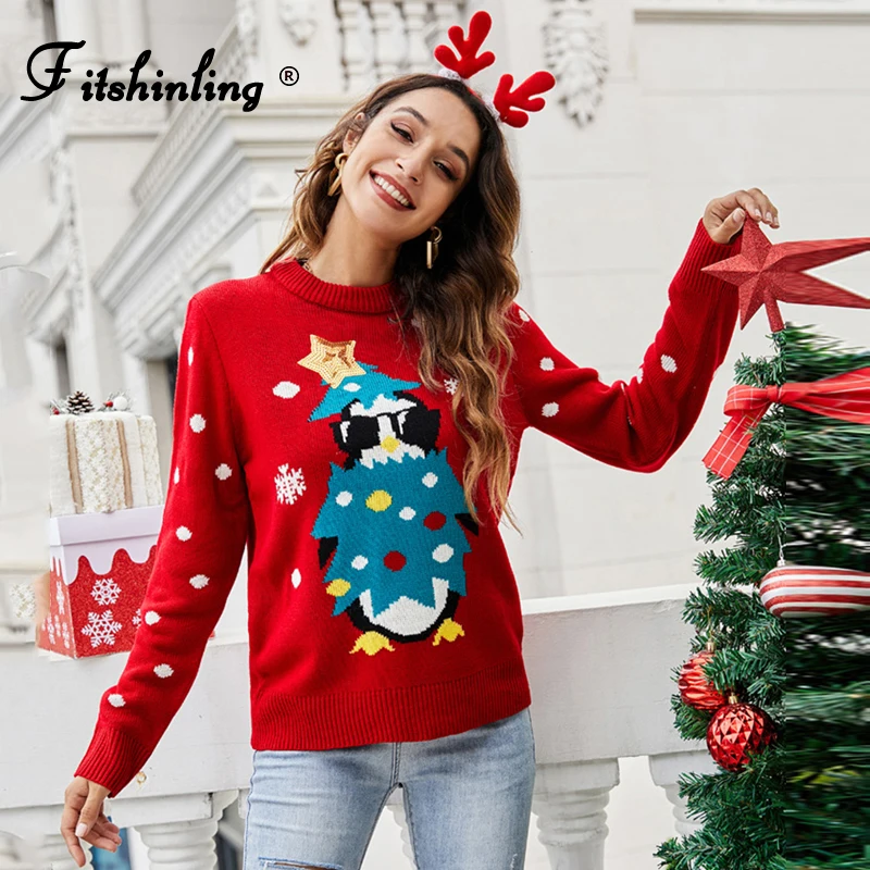 

Fitshinling Fashion Red Christmas Sweater Pullover Knitwear Winter Xmas Jumper New Arrival Slim Casual Long Sleeve Pull Femme