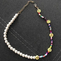 boho asymmetry pearl choker rainbow beaded necklace for women colorful smiley string bead happy face jewelry kpop y2k girl gift