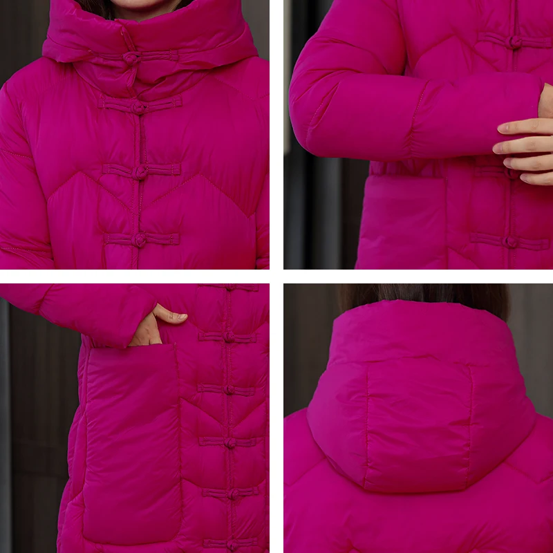 

2020 Women's Winter Parkas Thick Loose X-long Jacket Women Stand Collar Solid Hooded Plus Size Horn Button Big Pockets Outwear