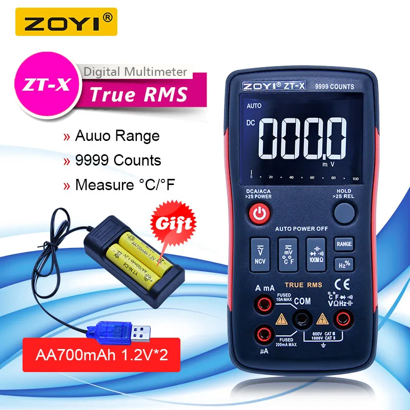 ZOYI ZT-X цифровой мультиметр с кнопкой ac dc Вольтметр ohmmet true rms мультиметр Авто диапазон+ 2 шт перезаряжаемая батарея+ зарядное устройство