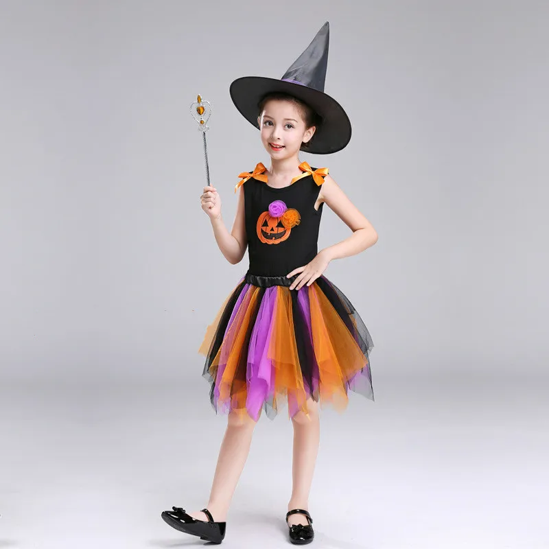Одежда для детей на Хэллоуин костюмы маскарадное платье ведьмы + шляпа волшебная