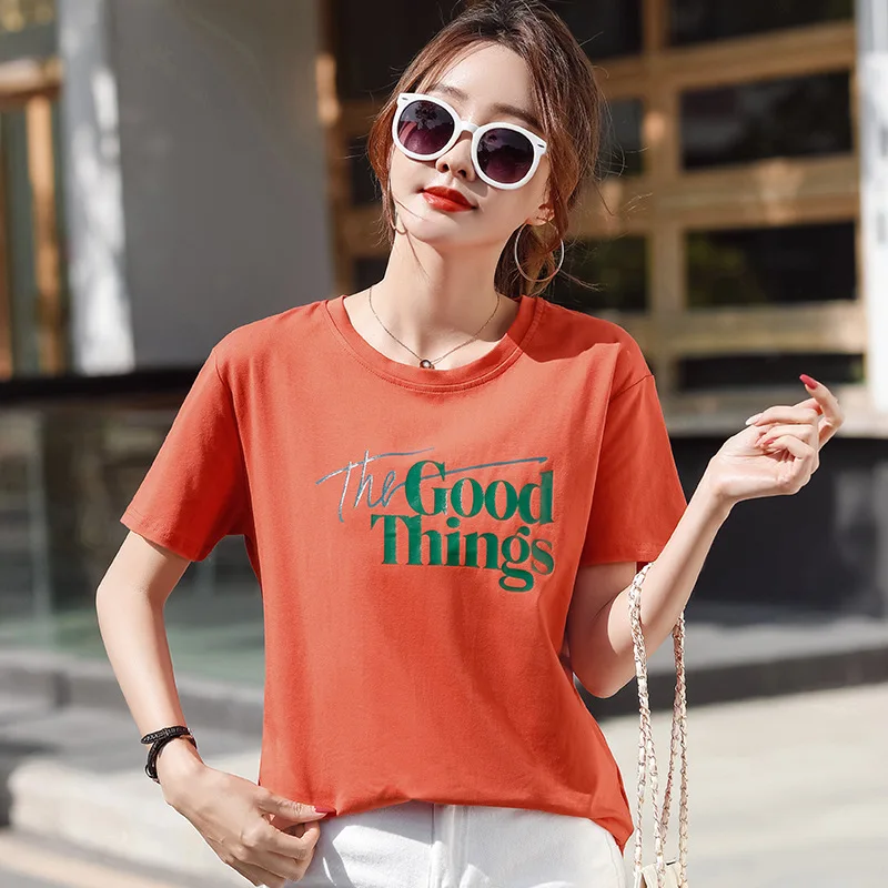 

Casual Letter Printed Women T-shirts Summer O-neck Office Lady Cotton Loose Stretch Shirts Female Elegant Fashion Top New 2021
