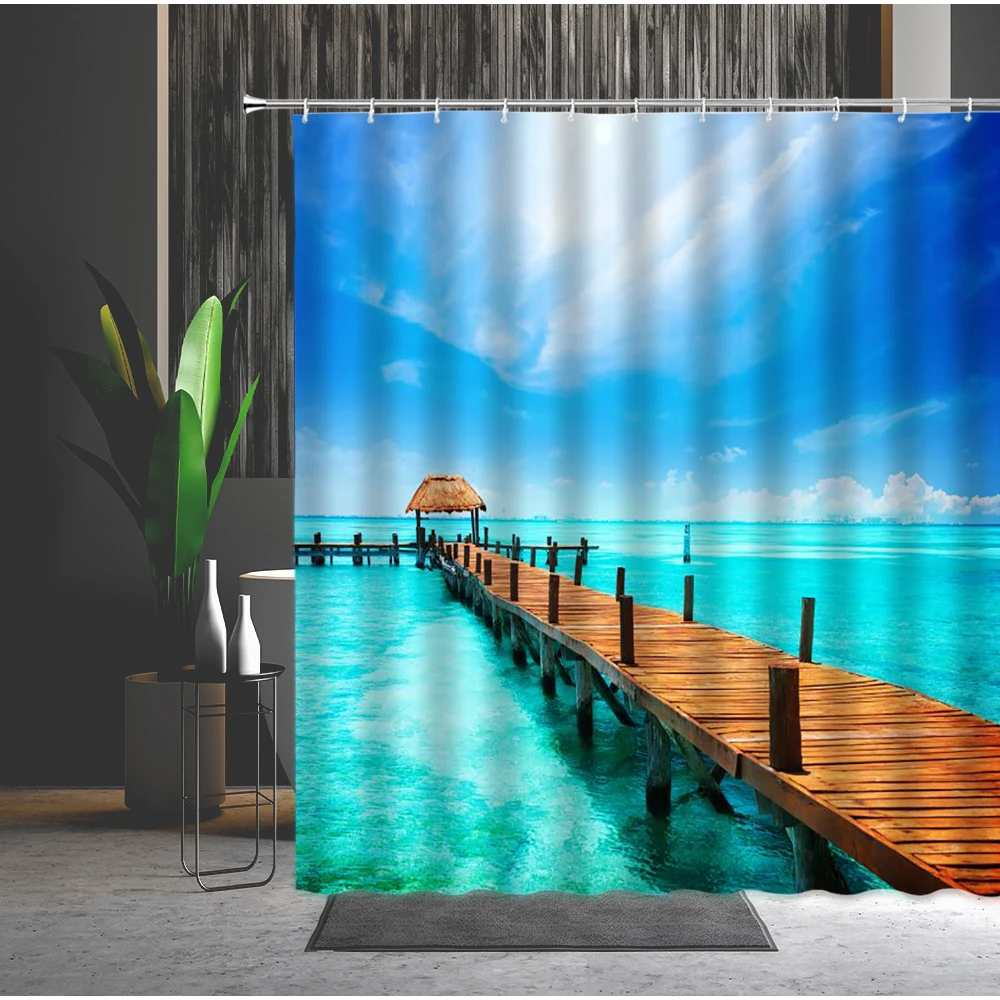 

Scenery Shower Curtain Blue Ocean Wooden Bridge Sandy Beach Mediterranean Style Tropical Coastal Natural Landscape Bath Curtains