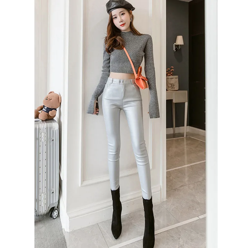 Женские кожаные брюки с высокой талией осенне-зимние черные бархатные