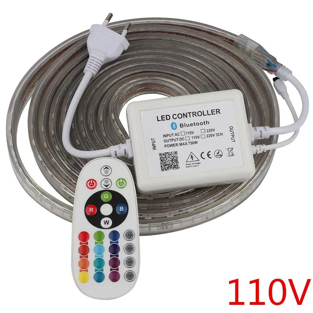 110V RGB-24Key-APP 110V Светодиодные ленты светильник RGB Водонепроницаемый лента AC110V гибкий неоновый светодиодный светильник уличный Декор Светильник с помощью приложения на телефоне и пульт дистанционного управления 1 м 5 м 10 м - Испускаемый цвет: 110V RGB-24Key-APP
