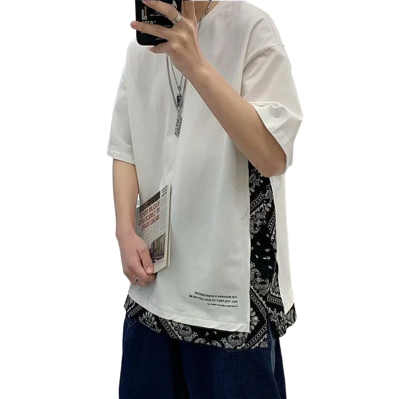 

Summer new 2021 cashew flower splicing 5-sleeve fashion fashion Hong Kong Style versatile T-shirt leisure medium sleeve T-shirt