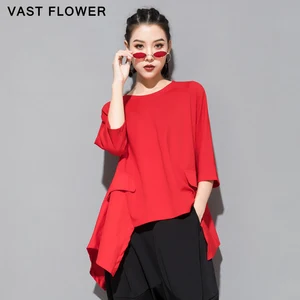 Женская футболка с рукавом три четверти, красная Свободная Повседневная футболка в стиле пэчворк, весна-лето 2021