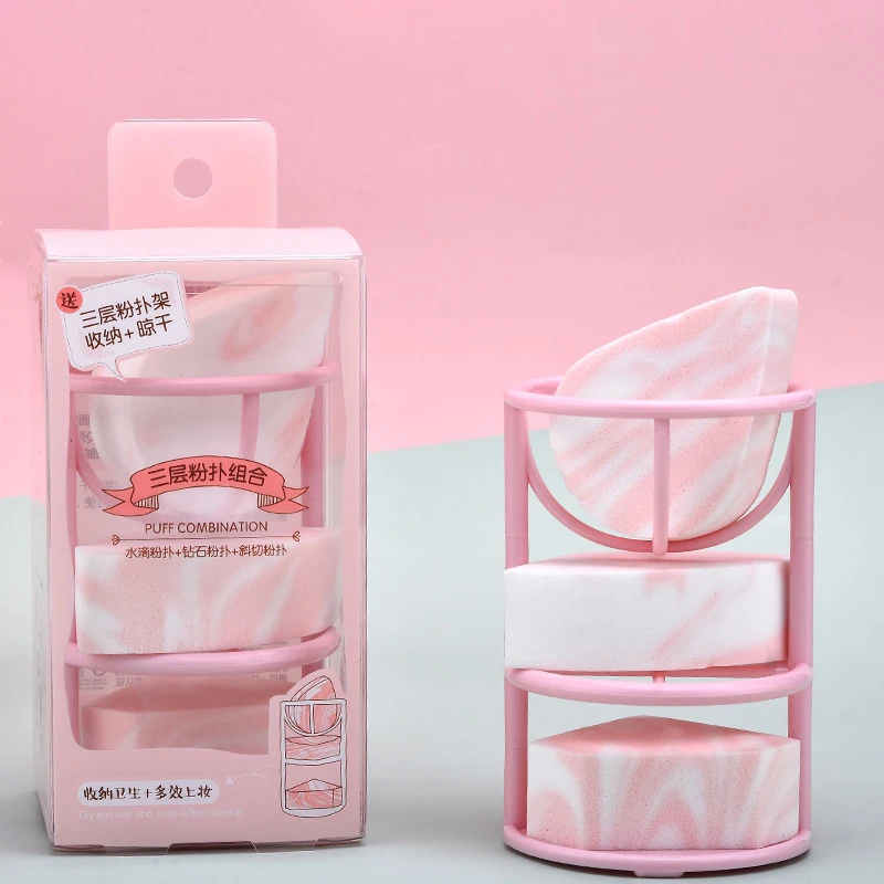 

3pcs Powder Puff Cosmetic Puff Holder Set Polyurethane Water Drop Diamond Shape Powder Puff
