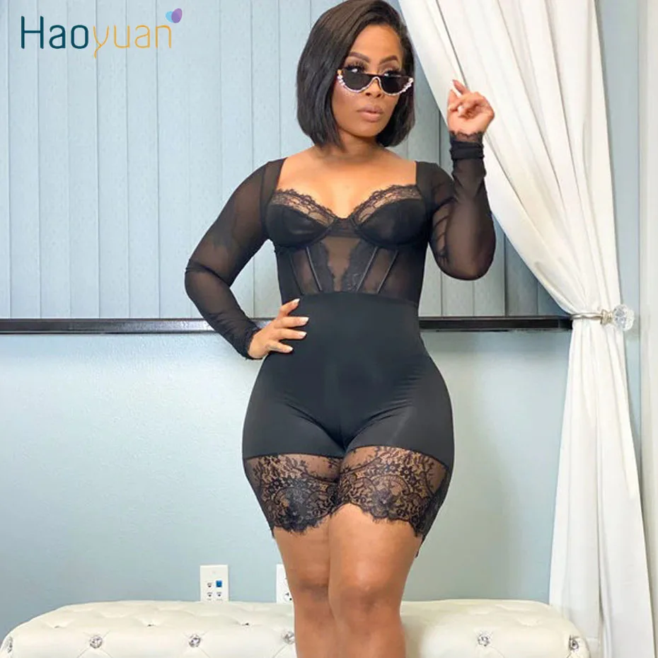 

HAOYUAN Sexy Lace Mesh Sheer Rompers Womens Jumpsuit Shorts Onesie Fashion One Piece Club Outfit Long Sleeve Bodycon Playsuit