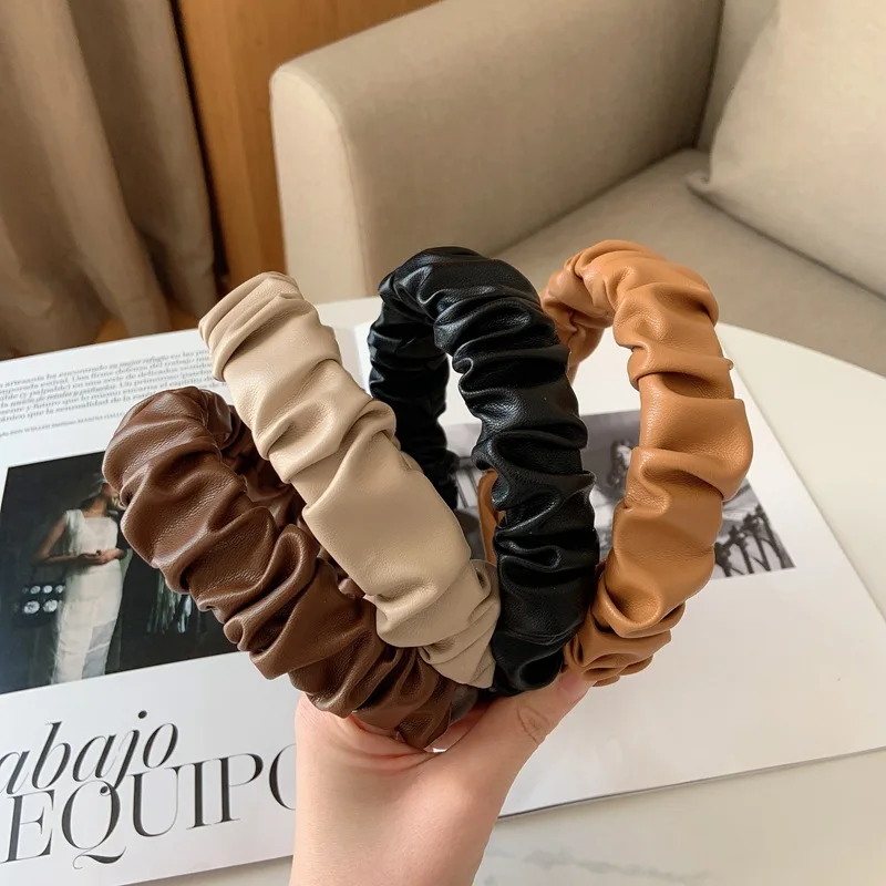 

1PC Vintage PU Leather Headband Hairbands Solid Headwear for Women Girls Fashion Hair Band Pleated Hair Hoop Hair Accessories