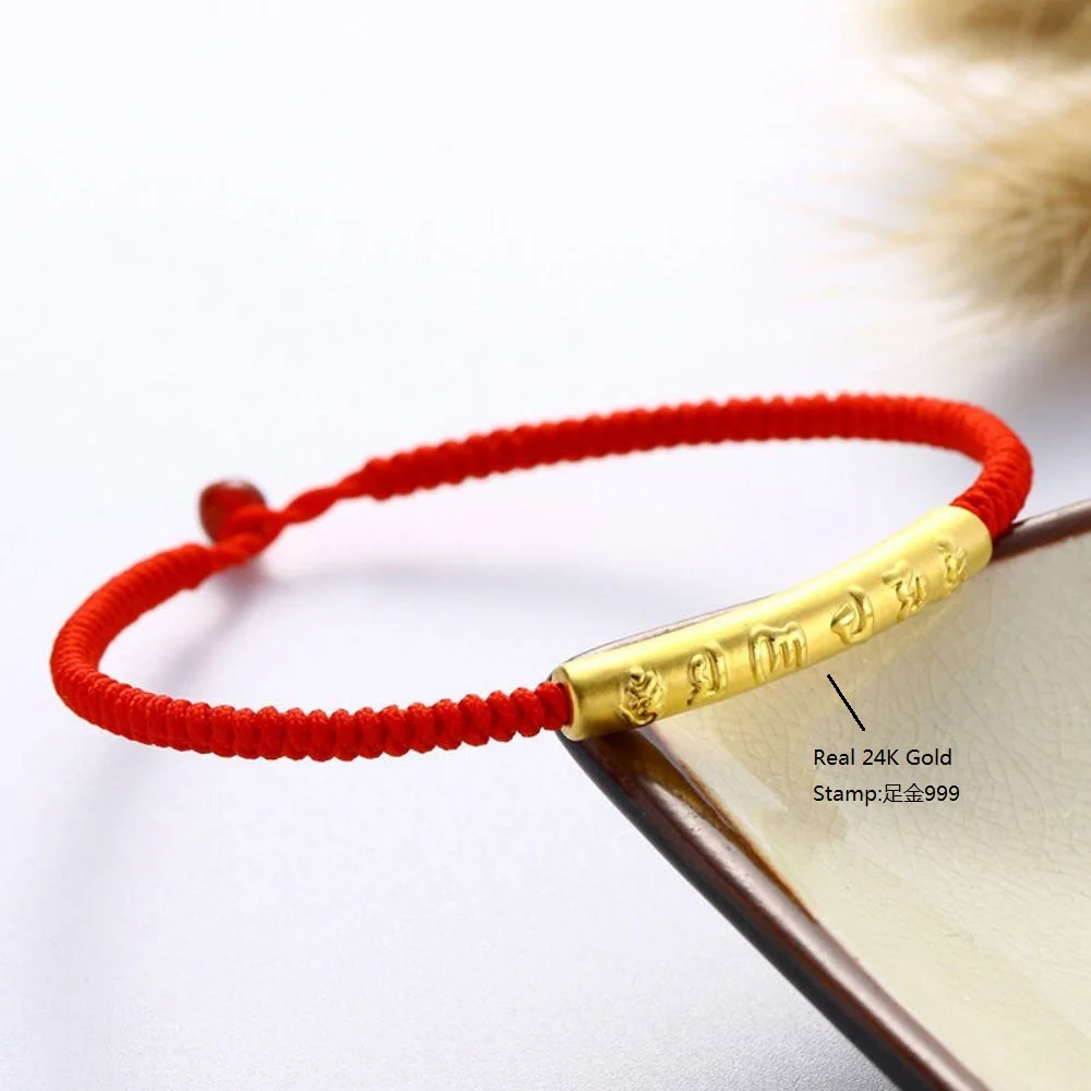 

Genuine 24K Yellow Gold Kwan-Yin Six-Letter Sutra Tube with Red Cord Bracelet Length from 5" to 15"