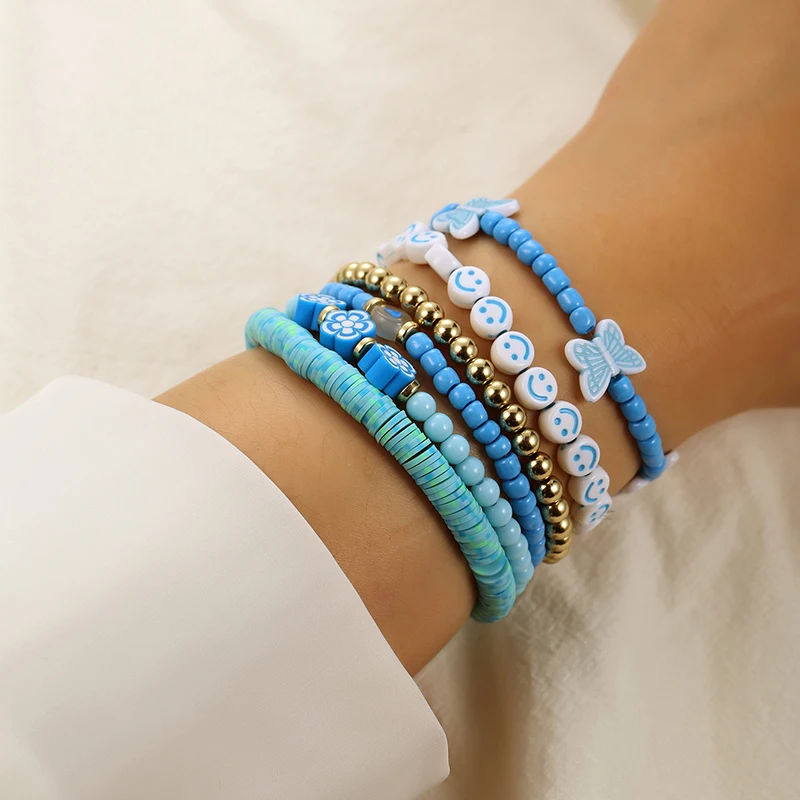 

Bohemian 6Pcs/Set Butterfly Smiley Flower Resin Acrylic Womens Bracelet For Couple Bracelets Christmas Party Gift Jewelry Set