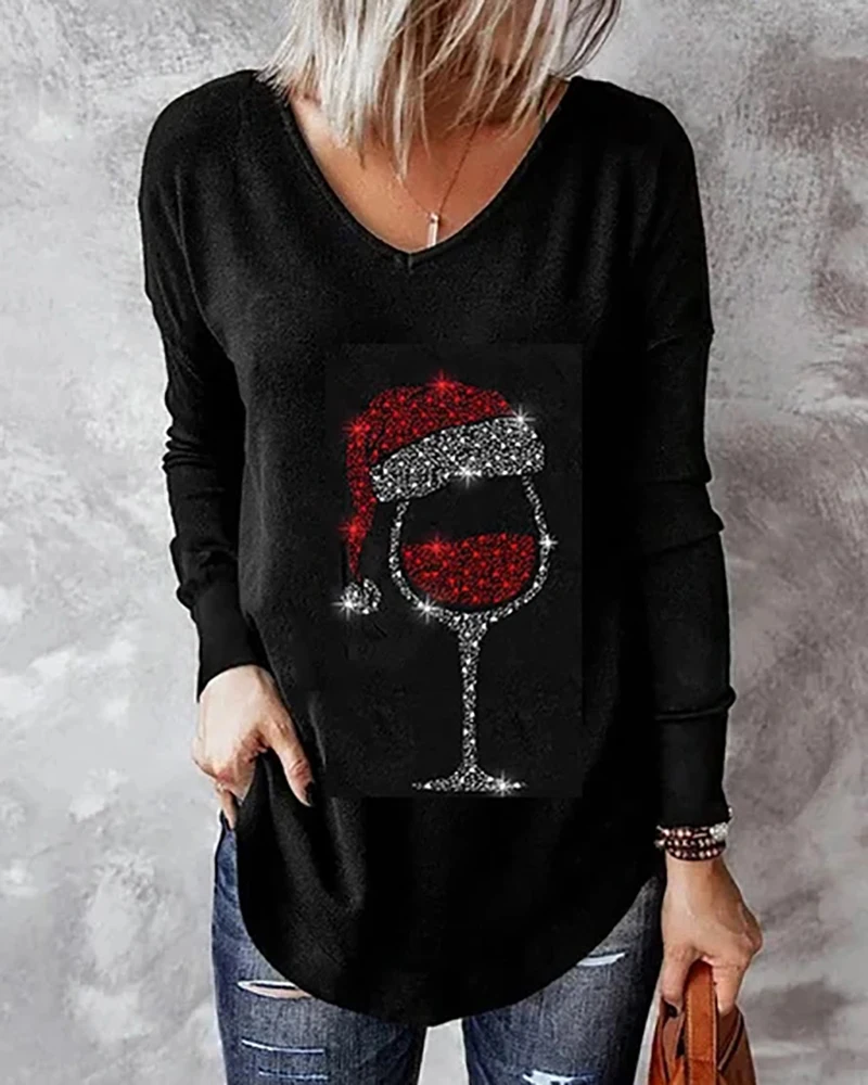

S-5XL Plus Size Tops Christmas Hat Wine Glasses Print Black Long Sleeve T-Shirts Women Festival V Neck Casual Blouse Daily Wear