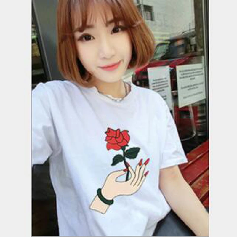 

Woman Flower Print Short Sleeve O Neck Cotton Spandex T-shirt Casual Loose Women Tops Tees Spring Summer T Shirt