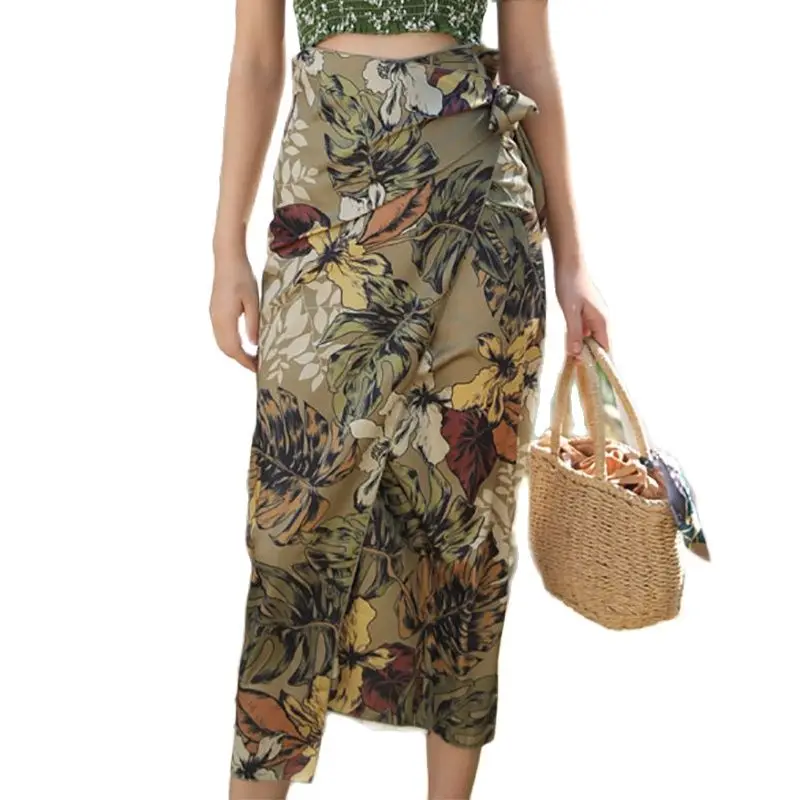 

Women Bohemian Skirt Summer New Fashion Lace-up Print Floral Straight Skirts Female High Waist Simple Thin Slim Falda Midi Femme