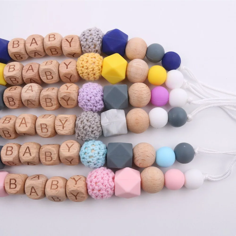

Baby Pacifier Clip Chain Wood Silicone Dummy Teether Handmade Holder Leash Chew Soother String Beads Infant Shower Gifts Clamps