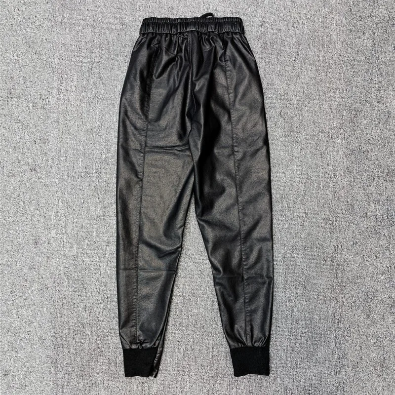 

Autumn Winter Faux Leather Harem Pants Male Elastic Waist Pencil Trousers High Street Mens Sweatpants Bikers Pu Leather Pants