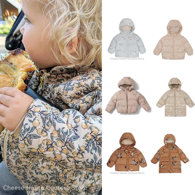 

Ins Baby Winter Down Coats Boys Girls Brand New Designer Warm Tops Cherry Cat Lemon Pattern Children 95 Velvet Duck Jacket Down