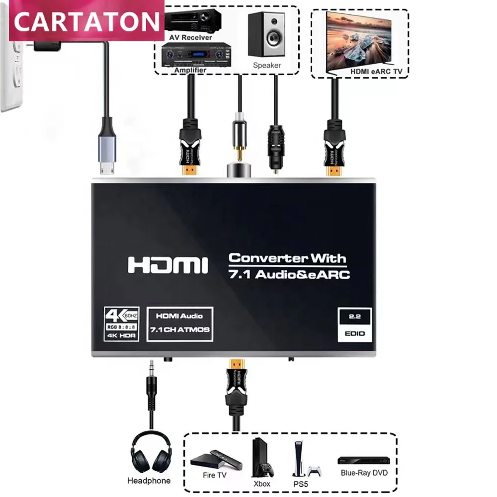4K ARC eARC HDMI to HDMI + Optical Toslink SPDIF + 3.5mm Audio Jack + Coaxial + 7.1Ch  Audio Audio Extractor Splitter