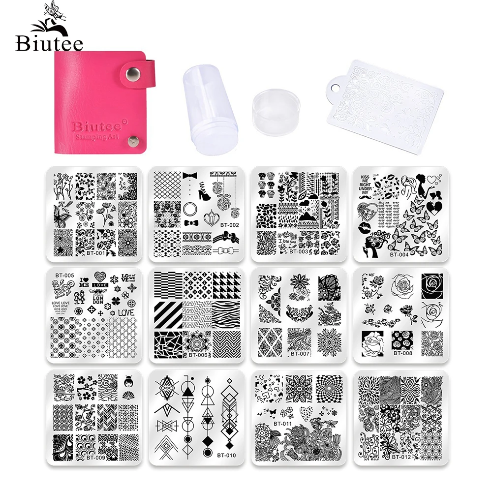 Biutee набор из 12 шт. маникюрные пластины для ногтей + 1 лак скребок дизайна штамповка