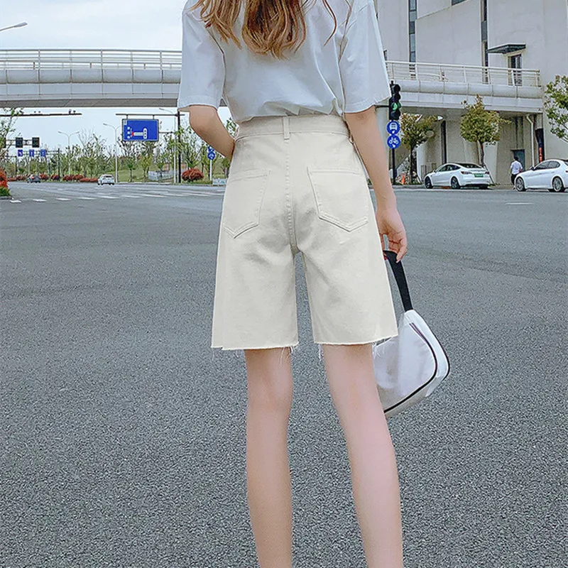 

2021 New Summer Women High Waist Wide Leg Black Denim Shorts Casual Female Loose Straight Button Jeans Shorts