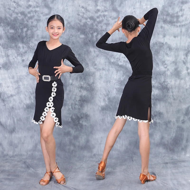 

Платья для соревнований по латиноамериканским танцам черное платье с длинным рукавом для сальсы одежда для выступлений латинское платье д...