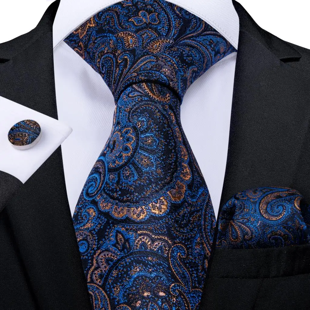 Фото Синий золотистый Галстук Пейсли для мужчин 8 см мужской шелковый шейный платок
