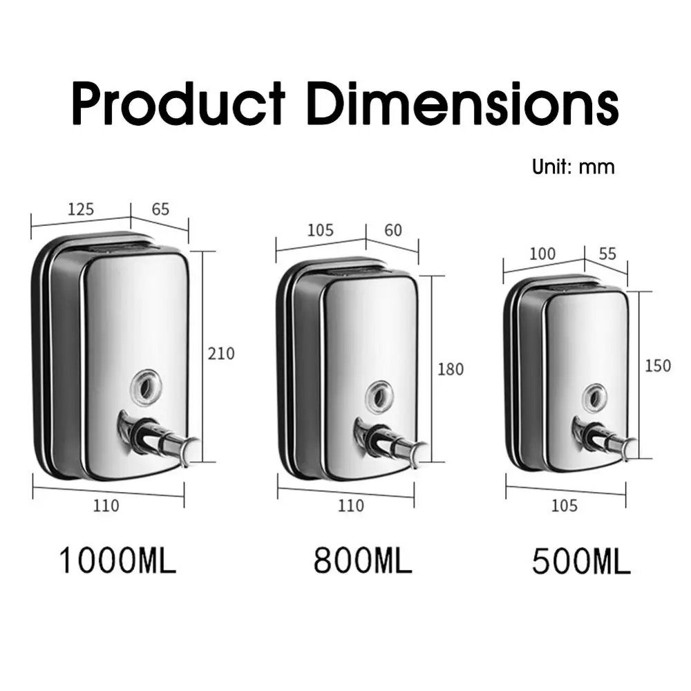 

Stainless Steel Hand Soap Dispenser Wall-Mounted Refillable Soap Pump, 600/800/1000ml Device for Kitchen Bathroom