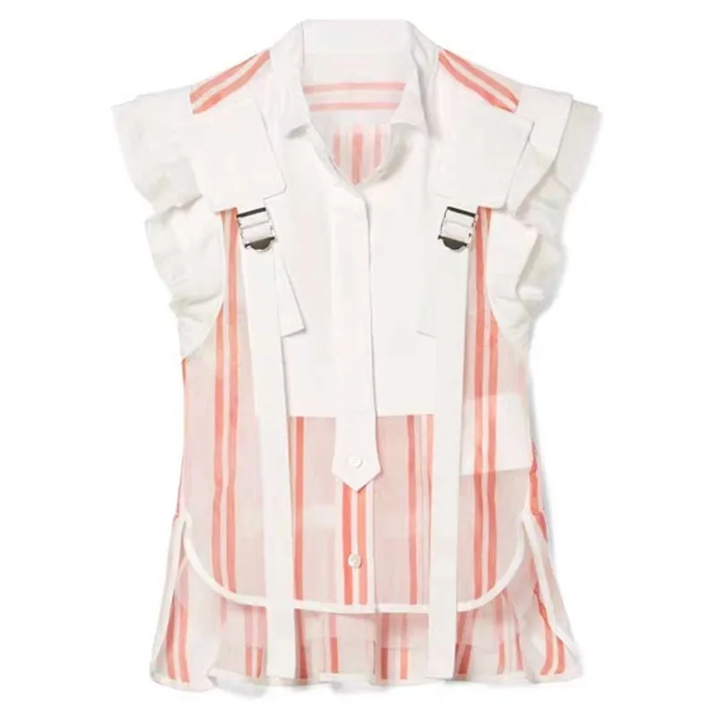 CHICEVER Летняя Повседневная полосатая женская блузка с воротником-стойкой и