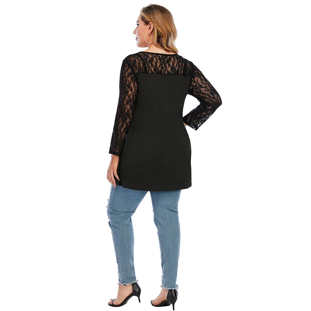 

2021 Women's T-shirts Plus Size 4XL 5XL Femme V Neck Lace Sleeve Casual Tops Black Stretch Oversized T-shirt Women Clothing