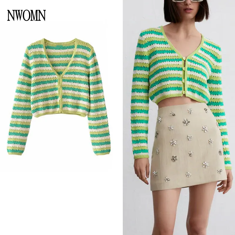 

Женский полосатый кардиган NWOMN Za 2021, модный свободный Женский вязаный свитер, укороченный топ, женское шикарное пальто на пуговицах с длинны...
