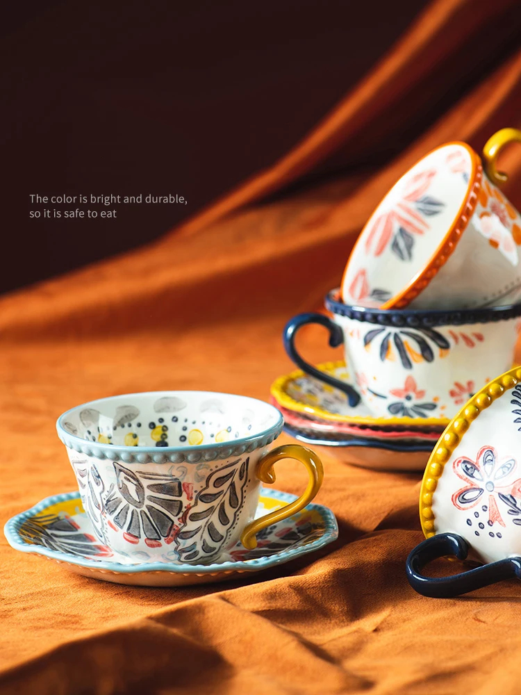 

Creative Hand Drawn Ceramic Coffee Cup Saucer Set 220ml Retro Royal Breakfast Milk Tea Mug Afternoon Water Cup Dessert Plate