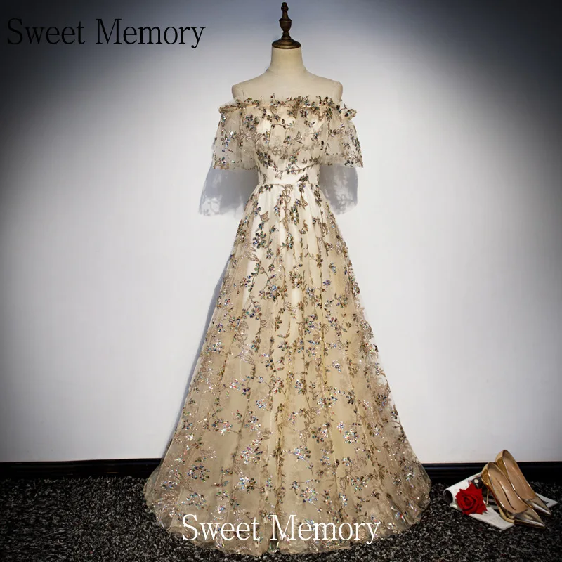 

S0160 Custom Made Long Champagne Sequined Evening Dress Banquet Vestido De Festa Sweet Memory